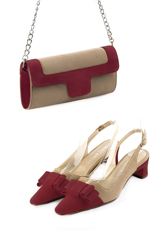 Women's tan beige and burgundy red luxurious elegant clutch for ceremonies, weddings and evenings out. - Worn view